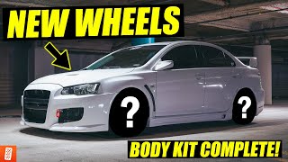 Building amp Heavily Modifying a 2013 Mitsubishi Lancer EVO GSR  Part 8 Body Kit amp NEW WHEELS [upl. by Derzon599]