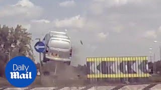 Moment speeding van flies through air after hitting a roundabout [upl. by Enyamart]