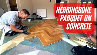 Herringbone Parquet flooring installation Gluing down on Concrete Full Tutorial Start to Finish [upl. by Nevaed]