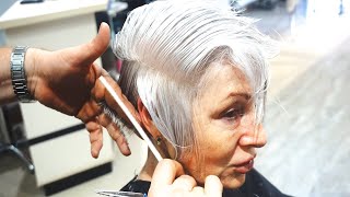 AMAZING HAIRCUT  70S ANTI AGE Short Gray Graduation With Undercut [upl. by Nrehtac]