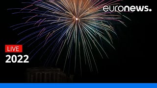 Happy New Year Greece The Acropolis in Athens forms the backdrop for fireworks in the Greek capital [upl. by Audri]