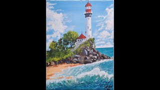 How to Draw amp Paint A Beautiful Light House at Seashore Acrylic Painting tutorial Step by Step [upl. by Traweek]