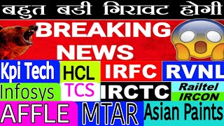 BAZAR CRASS 😭BREAKIN NEWS 😭KPI TECH 😭TCS 😭NFOSYS 😭ASIAN PAINT 😭IRCTC 😭 MTAR TECH😭SMKM CHANNEL 😭SMKC [upl. by Elocn63]