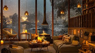 Winter Ambience at Cozy Coffee Shop  Snowfall on Window Fireplace and Lake view For Relax Sleep [upl. by Yelnoc247]