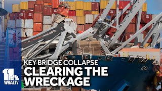 Cranes move wreckage from Key Bridge collapse [upl. by Rawde469]