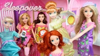 Barbie Princess Pink Bedroom Sleep Over Party with Frozen Elsa Anna Ariel Rapunzel [upl. by Eldnar]