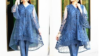 Designer high low tail style open fancy net frock design with cutting and stitching method 2021 [upl. by Sankaran]