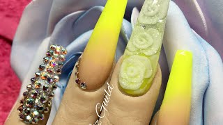 NEON YELLOW  FULL BLING  COFFIN ACRYLIC NAILS [upl. by Grete]