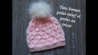 TUTO BONNET RELIEF ET PERLE AU TRICOT 3D with beads hat knitting GORRO CON PERLA DOS AGUJAS [upl. by Ardnaeed51]