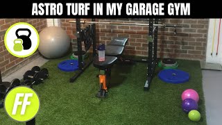 ASTRO TURF IN MY HOME GARAGE GYM  ARTIFICIAL GRASS [upl. by Erialb934]