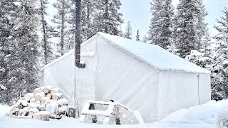 30C WINTER CAMPING ALONE in a HOT TENT HEAVY SNOWFALL BLIZZARD [upl. by Carrissa492]