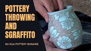 Pottery throwing a small vase and decorating with sgraffito technique [upl. by Spillar641]