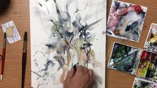 Abstrakt maleri Abstract painting demo mix media watercolor pencil and artgraf coal [upl. by Eeldivad705]