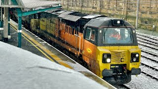 Colas Rail Freight Train Departing Snowy Carlisle Train Station freight train trainspotting [upl. by Stclair]