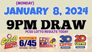 Lotto Result Today 9pm draw January 8 2024 655 645 4D Swertres Ez2 PCSOlotto [upl. by Alsworth]