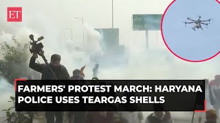 Farmers Protest Haryana police fire teargas shells to disperse marching crowd [upl. by Ydnac]