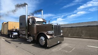 600hp stretched out peterbilt 379 18 speed shifting and LOUD JAKES [upl. by Eyllek405]