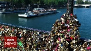 Lovelocks collapse Paris bridge rail  BBC News [upl. by Anehs]