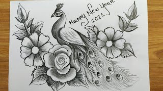 happy new year card 2021how to make new year greeting cardeasy peacock drawingnew year card [upl. by Llohcin]