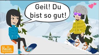 Deutsch lernen mit Dialogen  Sofia verliebt sich beim Skifahren  Grammatik Konjunktiv 2 [upl. by Epoillac363]