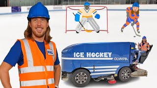 Handyman Hal Explores Ice Hockey Rink  Ice Shaving Machine  Ice Hockey for Kids [upl. by Llemmart]