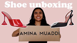 Amina Muaddi shoe unboxing  try on 2021  Luxury designer high heel shoes  Amina Muaddi review [upl. by Enaile443]