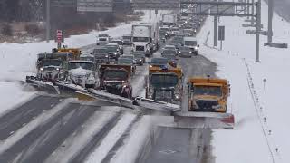 SNOW REMOVAL SIX SNOW PLOW CONVOY Bridge view [upl. by Saimon862]