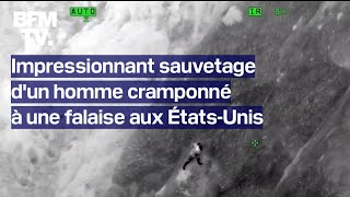 Les images du sauvetage dun homme cramponné à une falaise après une chute aux ÉtatsUnis [upl. by Ellinad]