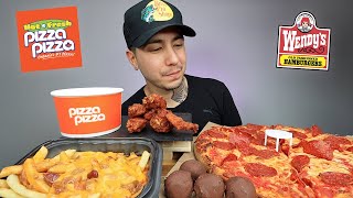 EATING Pizza Pizza Pepperoni Pizza amp Buffalo wings Wendyâ€™s Chilli Cheese Fries MUKBANG [upl. by Cogn]