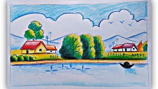 Beautiful village scenery drawing with pencil colour  Plastic crayon colour drawing [upl. by Evangelist]