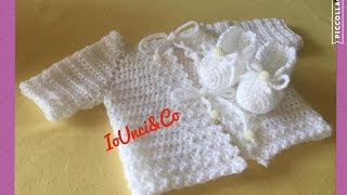 Golfino e tutorial scarpine babucce uncinetto bimba neonato 03 mesi [upl. by Enelyahs]