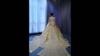 Luxury Long Sleeve Gold Ball Gown Puffy Skirt Big Wedding Dress with Bow dressquinceañera [upl. by Shanks504]