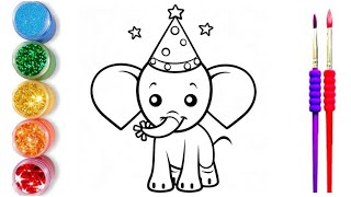 A cute beautiful birthday little Elephant cartoon drawing colouring and painting for kids [upl. by Dranrev]