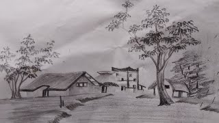 easy village painting pencil skating scenary newpencil skating scenarypencil drawingpencil [upl. by Eehc]