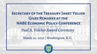 Secretary Janet Yellen Speaks at NABE Economic Policy Conferences Paul A Volcker Award Ceremony [upl. by Nnek]