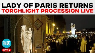 Notre Dames Historic Night LIVE  Virgin Statue Returns  Paris Cathedral  Torchlight Procession [upl. by Yanarp]