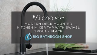 Milano Nero  Modern Deck Mounted Kitchen Mixer Tap with Swivel Spout  Big Bathroom Shop [upl. by Ynned126]