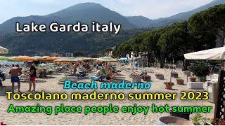 Toscolano maderno Lago di Garda Italy 2023  topless beach walk  Walking tour italy [upl. by Aysa407]