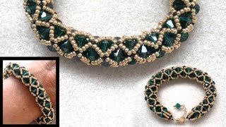 Netted beaded bracelet with 6mm Swarovski and seedbeads beading tutorial [upl. by Athena]