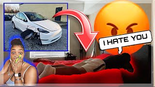 I CRASHED MY BOYFRIEND BRAND NEW TESLA PRANK He cried [upl. by Emelin]