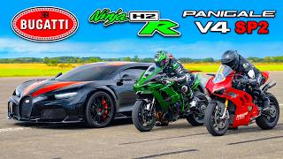 Bugatti Chiron SS v Kawasaki H2R v Ducati Panigale SP2 DRAG RACE [upl. by Vicky667]