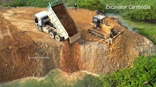 Excellent Dump Truck Waiting Working Unloading Dirt Back Fill Lake And Two Heavy Dozer Pushing Dirt [upl. by Kuo681]