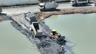 Dozers SHANTUI Push Sand Rock In lake With Truck Dump 25T Delivery [upl. by Ellenwad]