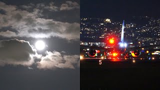 夜の伊丹空港を照らす満月の姿と夜間飛行機離着陸 Full moon illuminating Itami Airport amp plane takeoff and landing at night [upl. by Juetta]