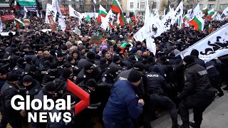 COVID19 Bulgaria protesters try to storm parliament during rally against restrictions [upl. by Yaluz]