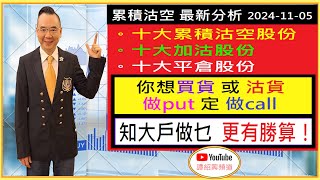 累積沽空 最新分析。十大累積沽空股份。十大加沽股份。十大平倉股份 ✍你想買貨 或 沽貨。做put 定 做call 🤔知大戶做乜 更有勝算！😍20241105 [upl. by Licastro]