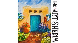 How to paint with Acrylic Southwest Art of a Pueblo with Flowers  TheArtSherpa [upl. by Adimra]