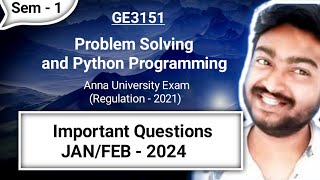 Problem Solving and Python Programming Important questions in Tamil GE3151 JanFeb  2024 Exam [upl. by Anigriv]