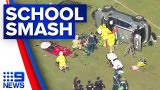 Family of three lucky to be alive after crashing through school fences  9 News Australia [upl. by Einaoj278]