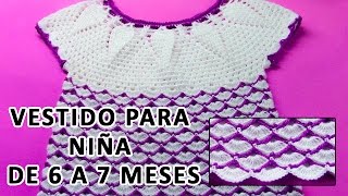 Vestido tejido a crochet para niña de 6 a 7 meses en punto piñas y abanicos paso a paso [upl. by Krock169]